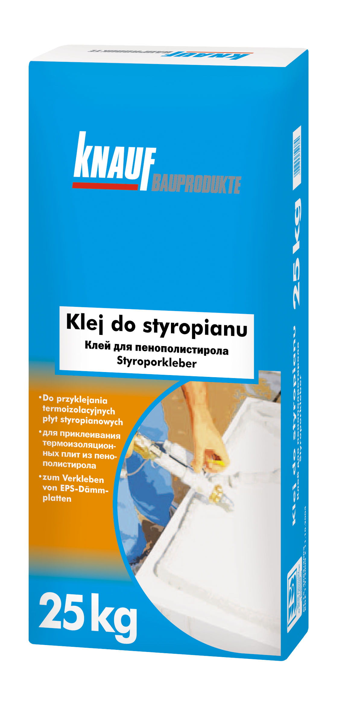 Opakowanie kleju do styropianu marki KNAUF, 25 kg, z ilustracją aplikacji kleju na płytę termoizolacyjną.